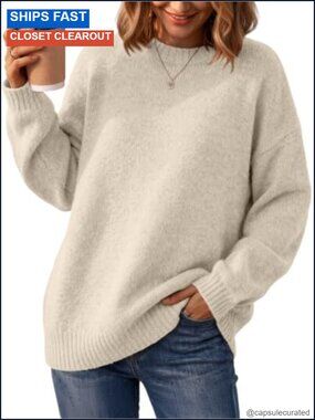 Oversized Crewneck Tunic Pullover Sweater Fuzzy Knit Cozy Fall Casual